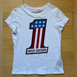 Harley Davidson Women’s White #1 Logo American Flag Graphic T Shirt, Size Medium